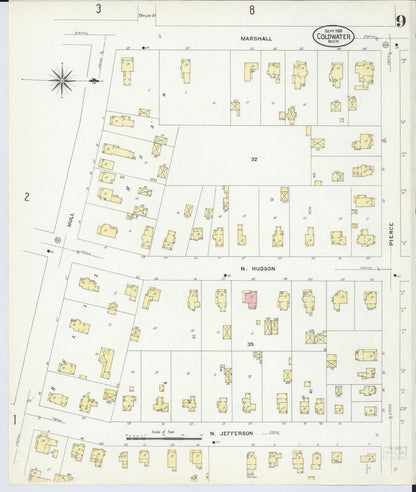 Sanborn Fire Insurance Map from Coldwater, Branch County, Michigan (1908), Sheet #0009 - Complete Map Set gallery image, historic Sanborn map, vintage wall art, Michigan Michigan