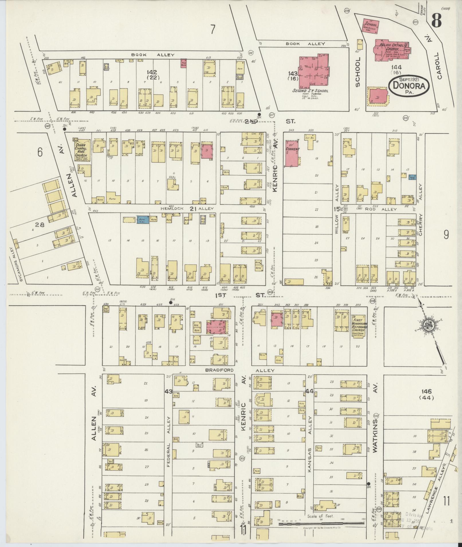 Sanborn Fire Insurance Map from Donora, Washington County, Pennsylvania (1921), Sheet #0008 - Historic Sanborn Fire Insurance Map Print, vintage old map wall art, antique decor, genealogy gift, Pennsylvania Pennsylvania map