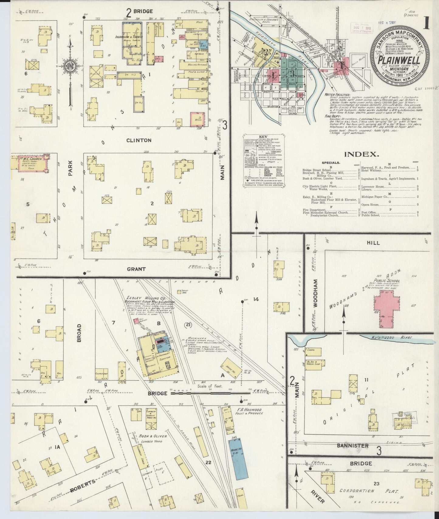 Sanborn Fire Insurance Map from Plainwell, Allegan County, Michigan (1911), Sheet #0001 - Complete Map Set gallery image, historic Sanborn map, vintage wall art, Michigan Michigan