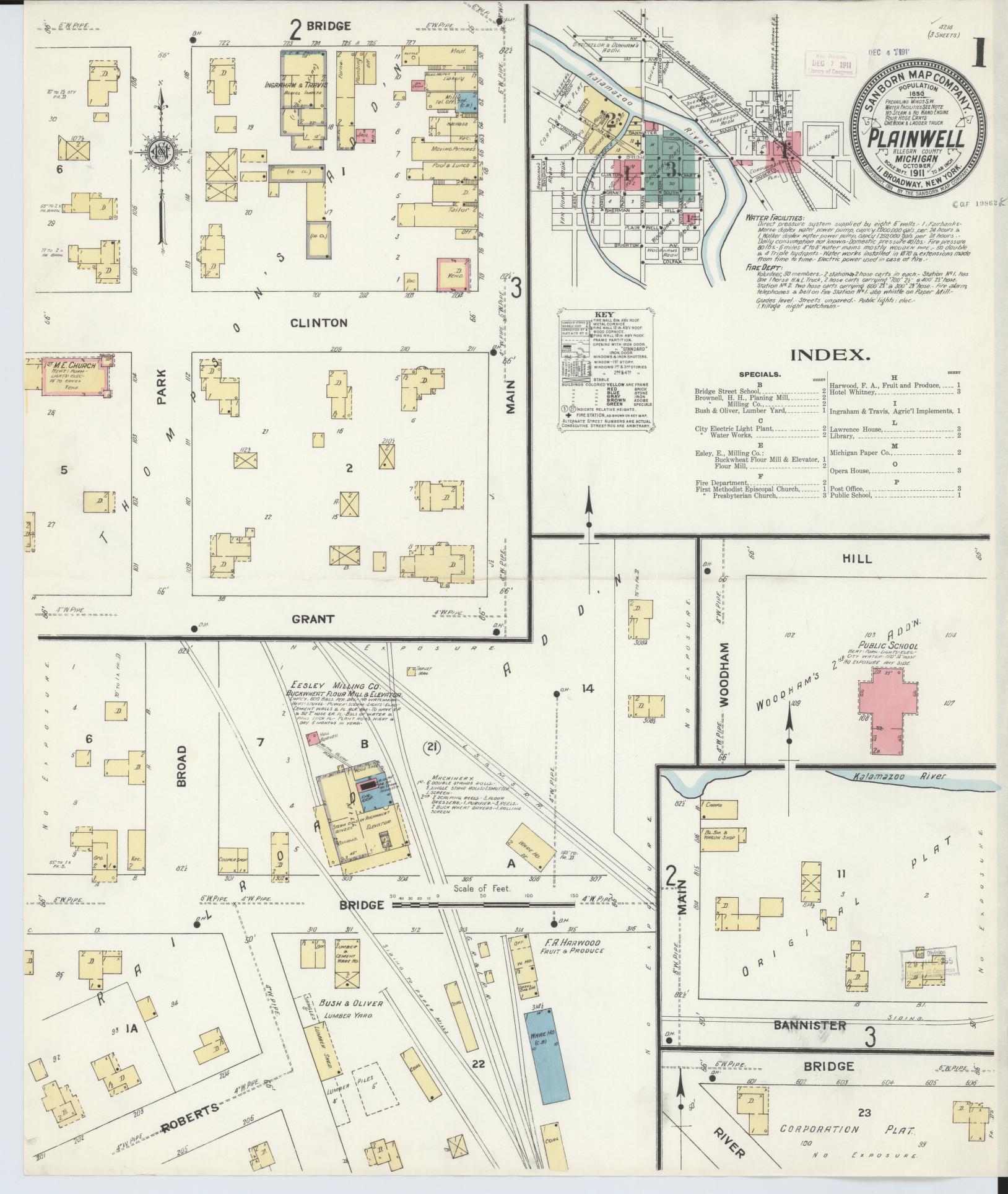 Sanborn Fire Insurance Map from Plainwell, Allegan County, Michigan (1911), Sheet #0001 - Complete Map Set gallery image, historic Sanborn map, vintage wall art, Michigan Michigan