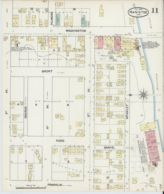 Sanborn Fire Insurance Map from Manistee, Manistee County, Michigan (1890), Sheet #0011 - Historic Sanborn Fire Insurance Map Print, vintage old map wall art, antique decor, genealogy gift, Michigan Michigan map