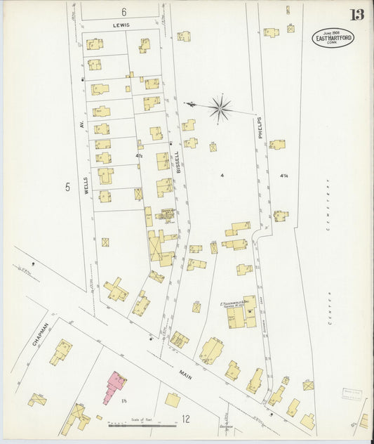 Sanborn Fire Insurance Map from East Hartford, Hartford County, Connecticut (1908), Sheet #0013 - Historic Sanborn Fire Insurance Map Print, vintage old map wall art, antique decor, genealogy gift, Connecticut Connecticut map