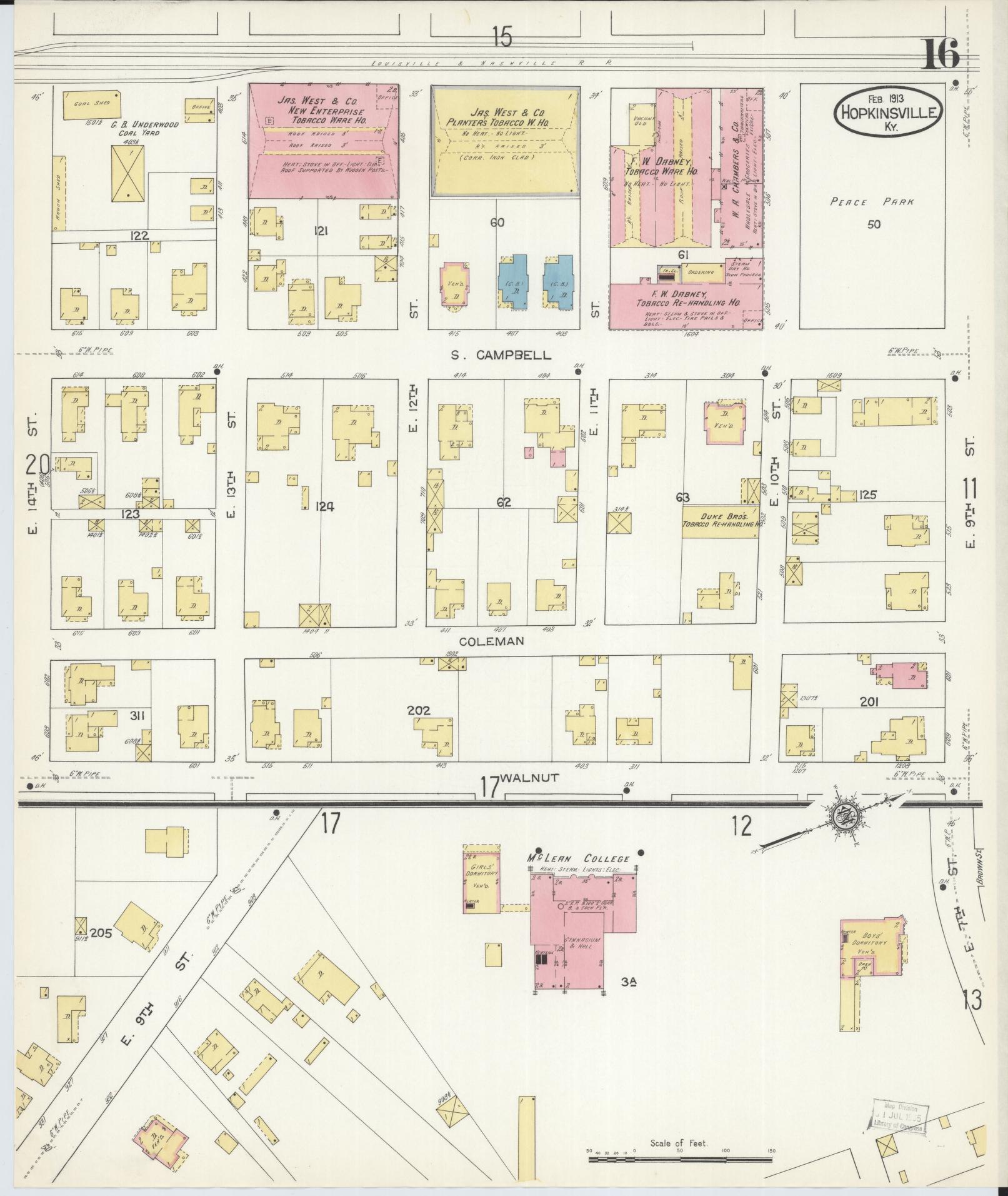 Sanborn Fire Insurance Map from Hopkinsville, Christian County, Kentucky (1913), Sheet #0016 - Complete Map Set gallery image, historic Sanborn map, vintage wall art, Kentucky Kentucky