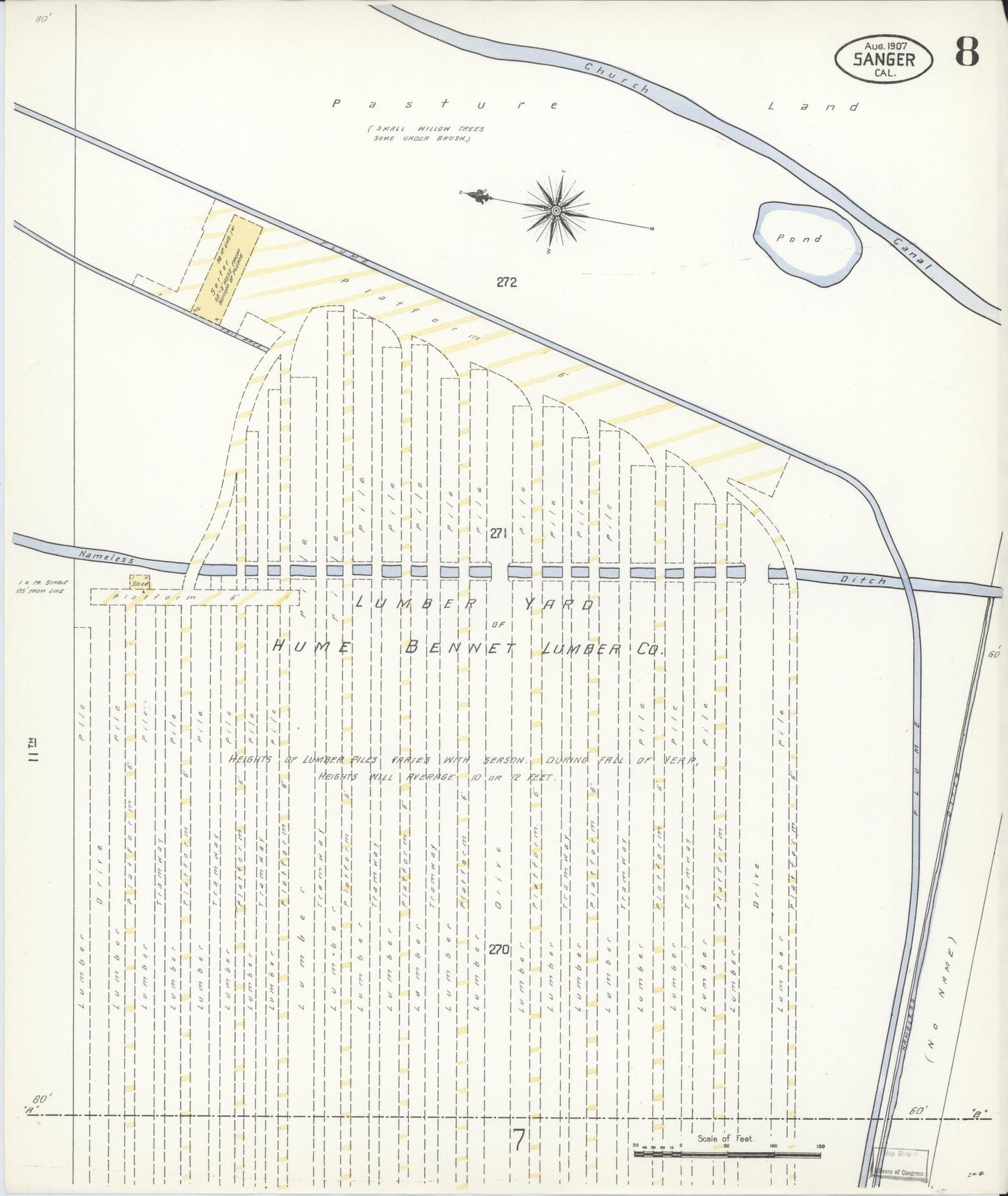 Sanborn Fire Insurance Map from Sanger, Fresno County, California (1907), Sheet #0008 - Complete Map Set gallery image, historic Sanborn map, vintage wall art, California California
