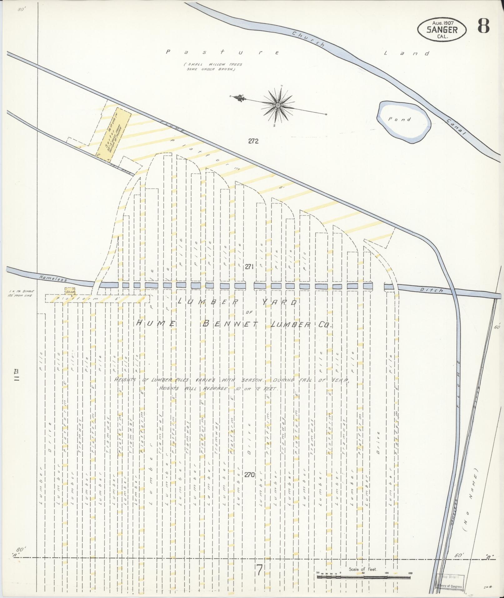 Sanborn Fire Insurance Map from Sanger, Fresno County, California (1907), Sheet #0008 - Complete Map Set gallery image, historic Sanborn map, vintage wall art, California California