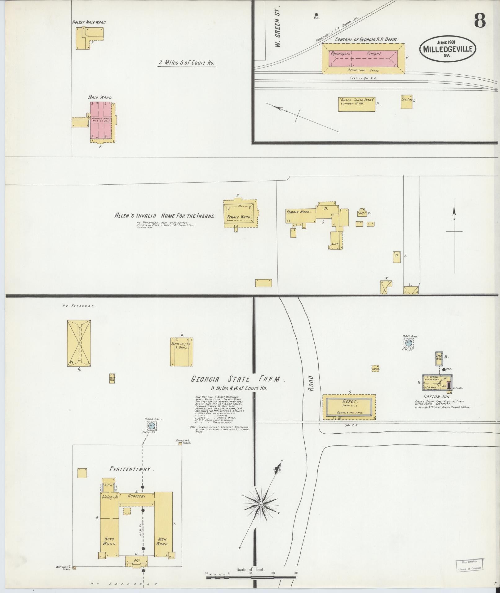 Sanborn Fire Insurance Map from Milledgeville, Baldwin County, Georgia (1901), Sheet #0008 - Complete Map Set gallery image, historic Sanborn map, vintage wall art, Georgia Georgia