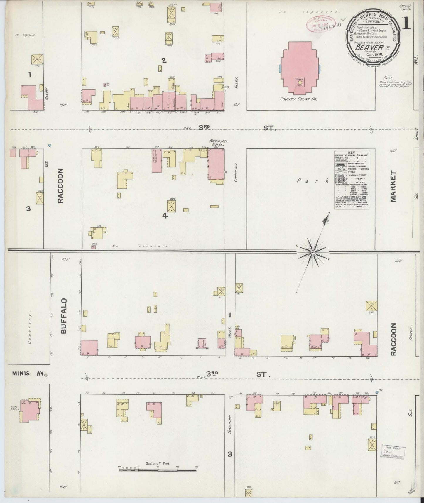 Sanborn Fire Insurance Map from Beaver, Beaver County, Pennsylvania (1891), Sheet #0001 - Historic Sanborn Fire Insurance Map Print, vintage old map wall art, antique decor, genealogy gift, Pennsylvania Pennsylvania map