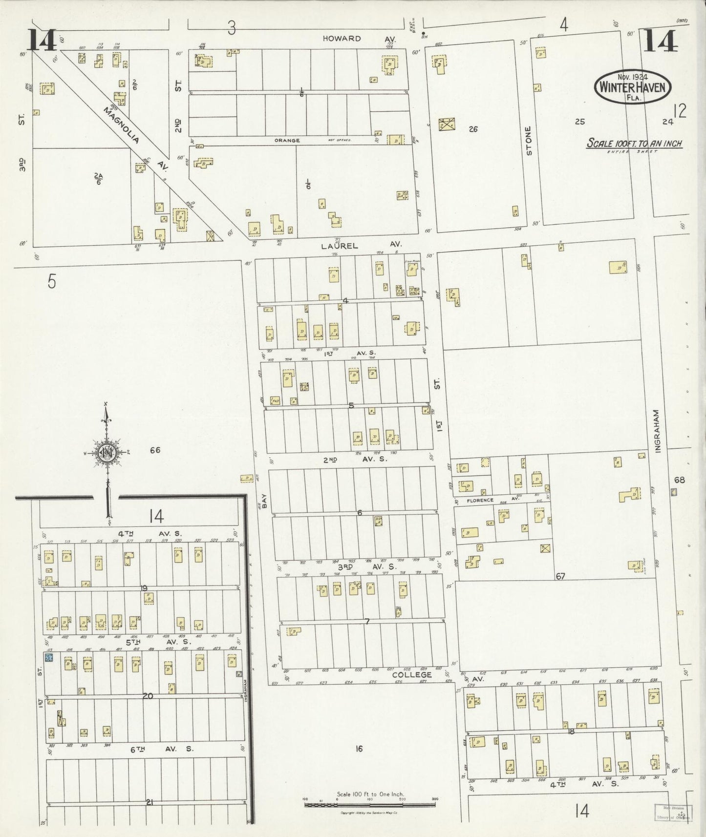 Sanborn Fire Insurance Map from Winter Haven, Polk County, Florida (1924), Sheet #0014 - Complete Map Set gallery image, historic Sanborn map, vintage wall art, Florida Florida