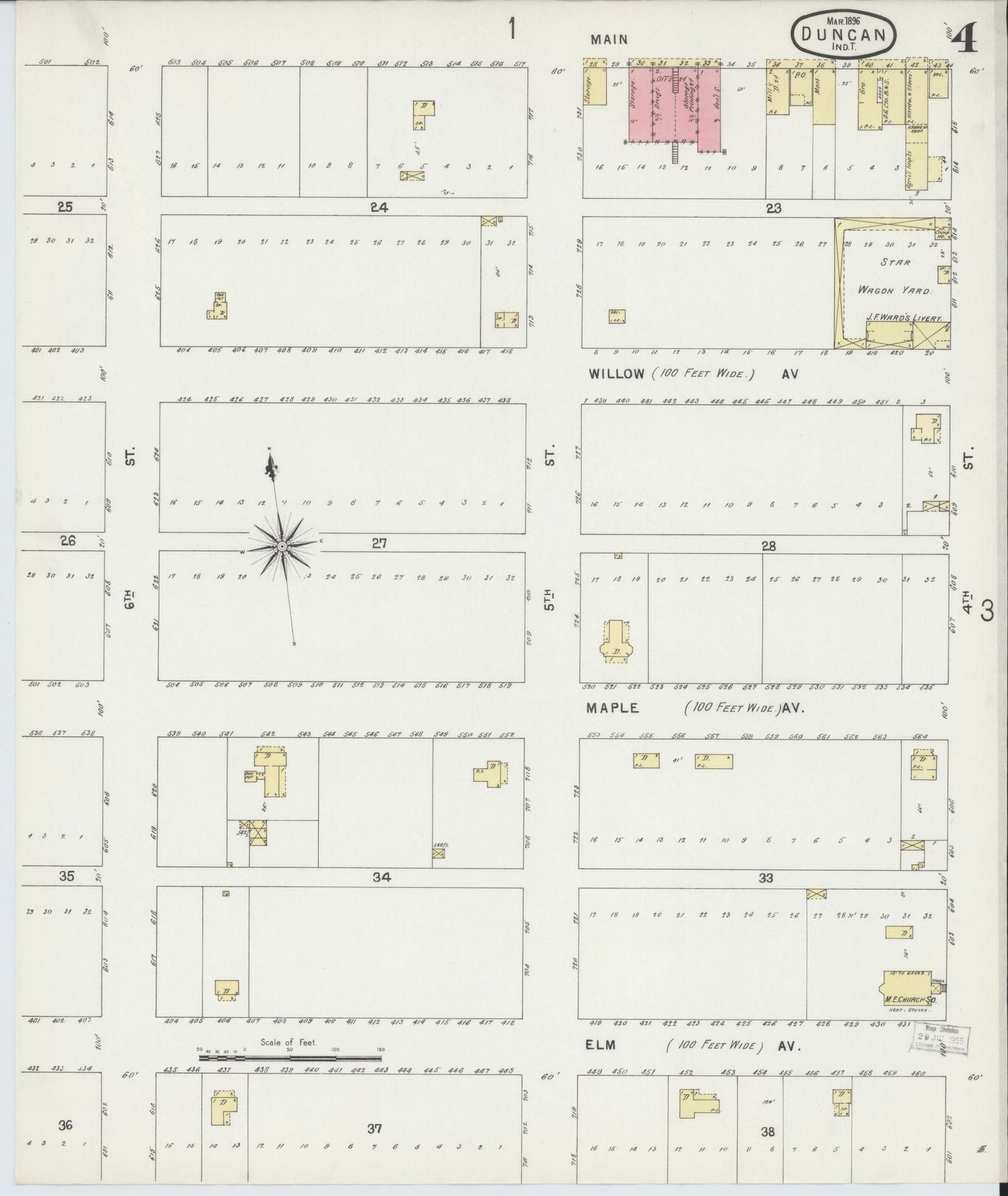 Sanborn Fire Insurance Map from Duncan, Stephens County, Oklahoma (1896), Sheet #0004 - Historic Sanborn Fire Insurance Map Print, vintage old map wall art, antique decor, genealogy gift, Oklahoma Oklahoma map