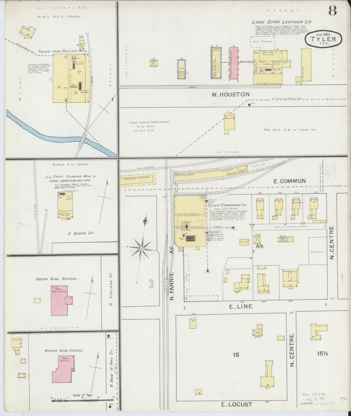 Sanborn Fire Insurance Map from Tyler, Smith County, Texas (1893), Sheet #0008 - Complete Map Set gallery image, historic Sanborn map, vintage wall art, Texas Texas