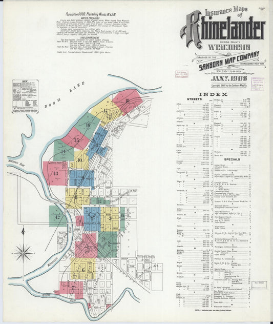 Sanborn Fire Insurance Map from Rhinelander, Oneida County, Wisconsin (1908), Sheet #0001 - Complete Map Set gallery image, historic Sanborn map, vintage wall art, Wisconsin Wisconsin