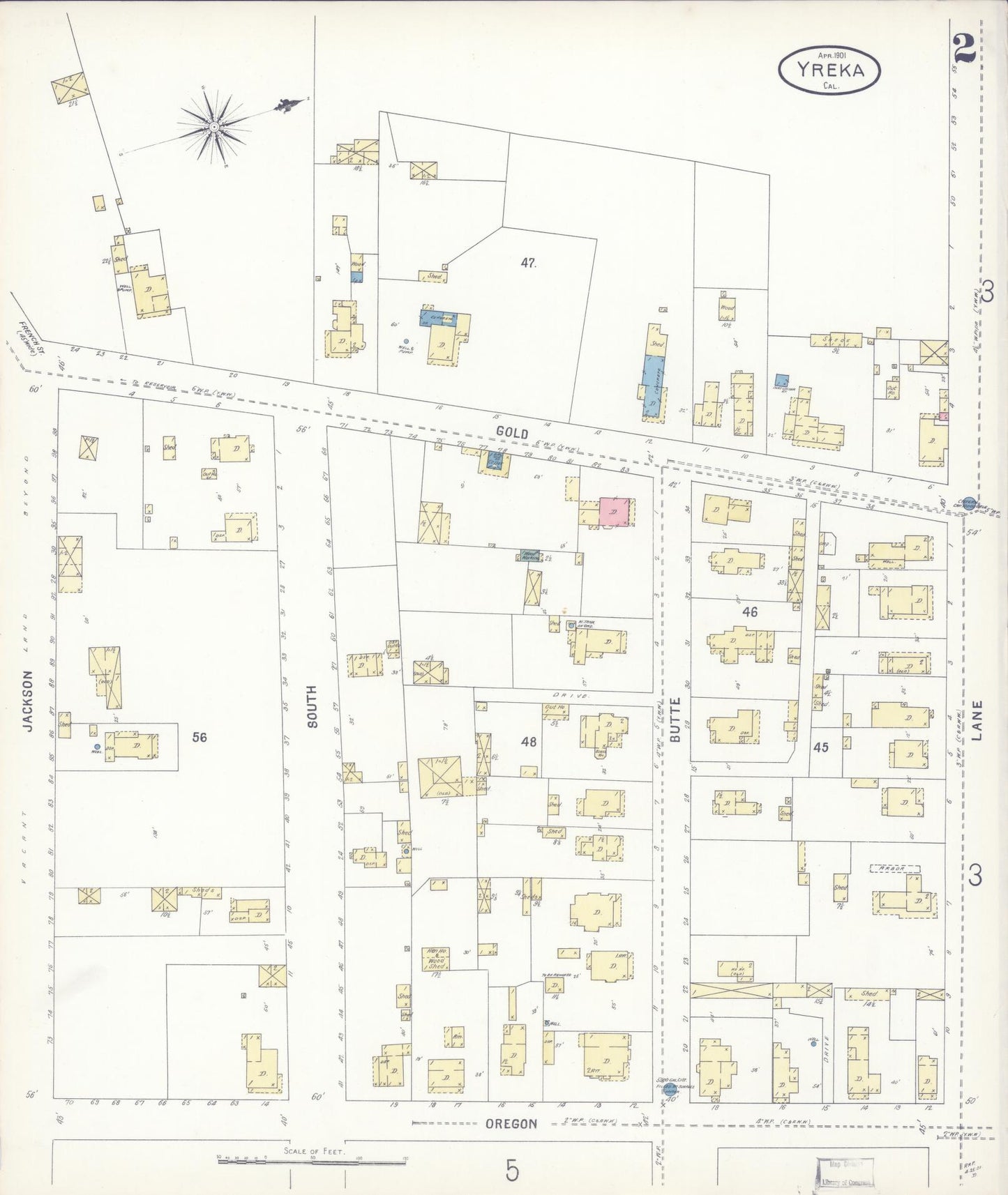 Sanborn Fire Insurance Map from Yreka, Siskiyou County, California (1901), Sheet #0002 - Complete Map Set gallery image, historic Sanborn map, vintage wall art, California California