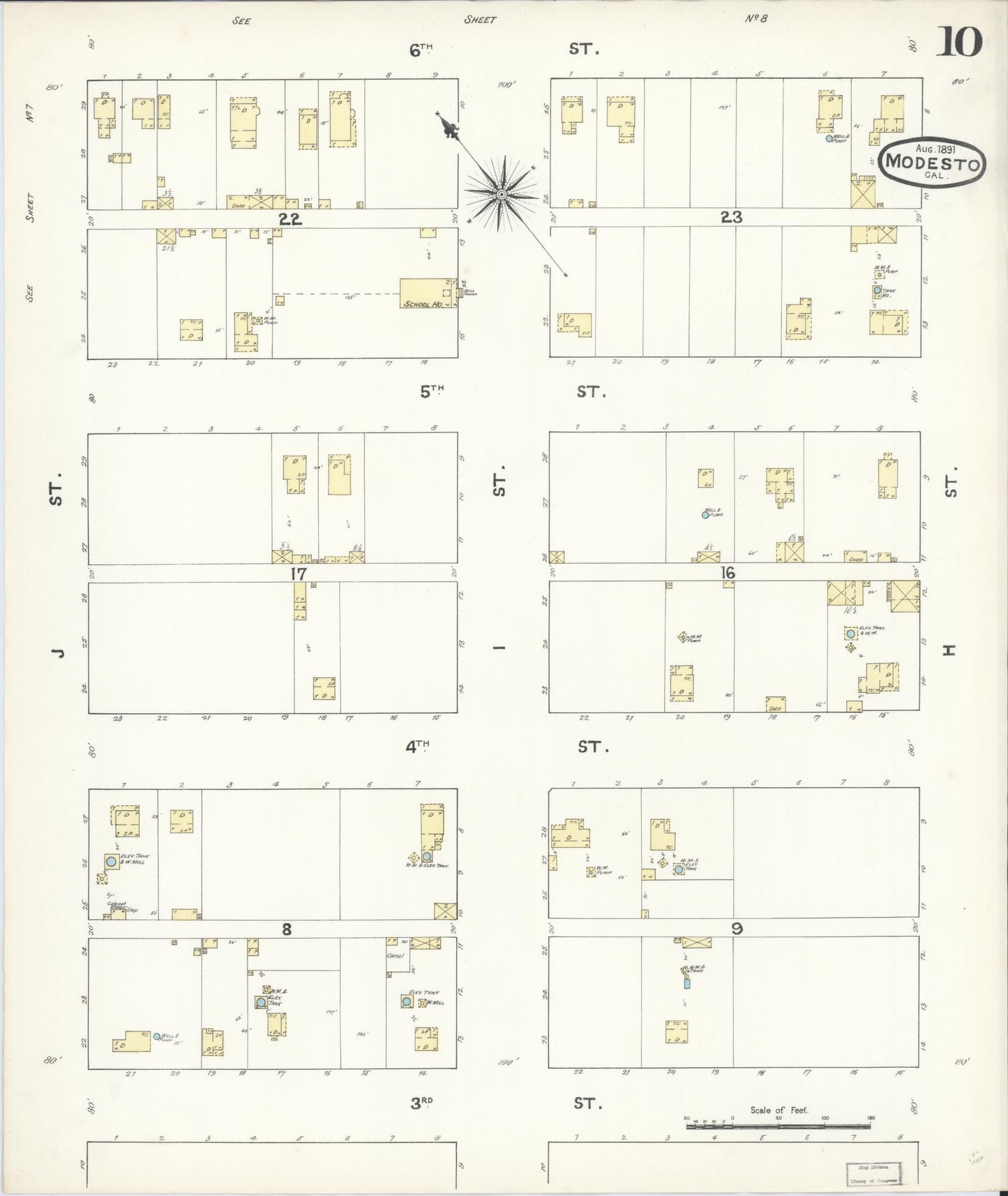 Sanborn Fire Insurance Map from Modesto, Stanislaus County, California (1891), Sheet #0010 - Complete Map Set gallery image, historic Sanborn map, vintage wall art, California California