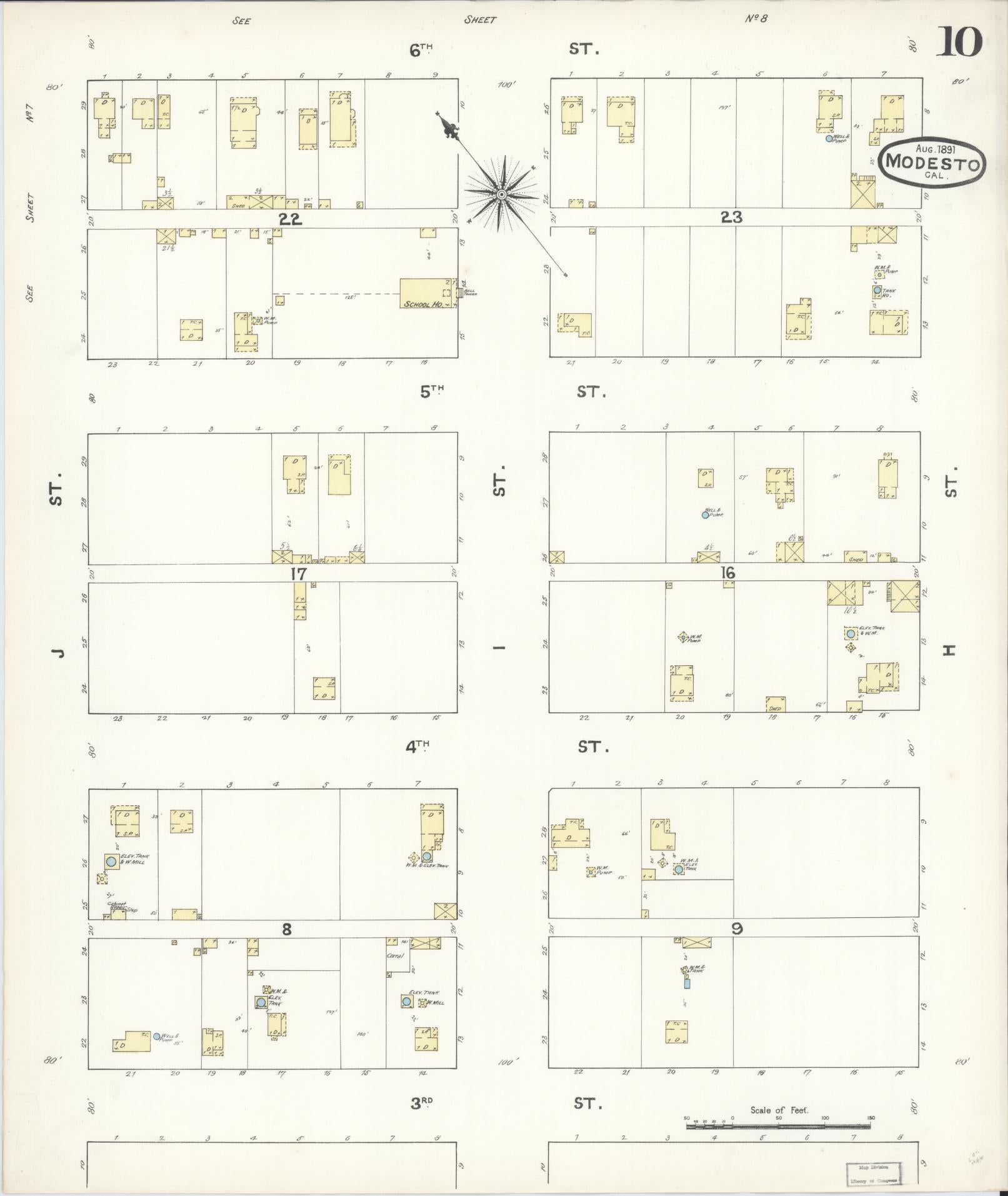 Sanborn Fire Insurance Map from Modesto, Stanislaus County, California (1891), Sheet #0010 - Complete Map Set gallery image, historic Sanborn map, vintage wall art, California California