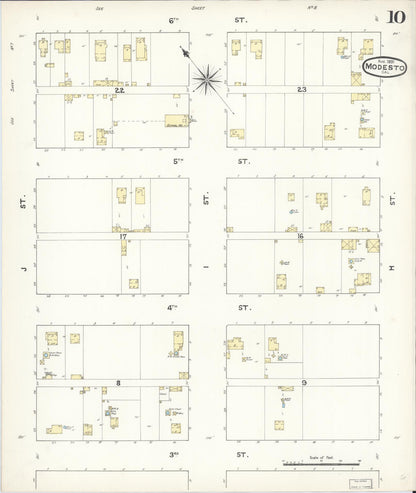 Sanborn Fire Insurance Map from Modesto, Stanislaus County, California (1891), Sheet #0010 - Complete Map Set gallery image, historic Sanborn map, vintage wall art, California California