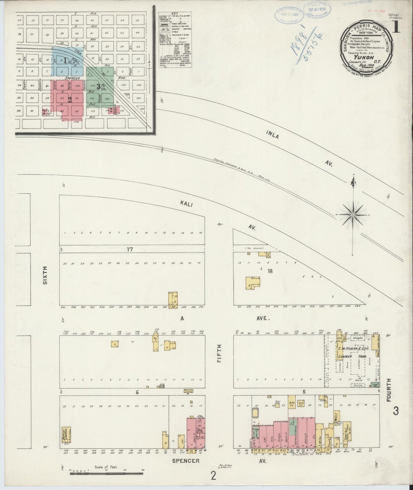 Sanborn Fire Insurance Map from Yukon, Canadian County, Oklahoma (1898), Sheet #0001 - Historic Sanborn Fire Insurance Map Print, vintage old map wall art, antique decor, genealogy gift, Oklahoma Oklahoma map