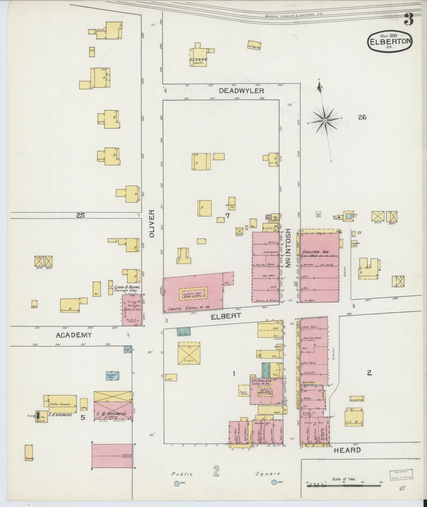 Sanborn Fire Insurance Map from Elberton, Elbert County, Georgia (1893), Sheet #0003 - Complete Map Set gallery image, historic Sanborn map, vintage wall art, Georgia Georgia