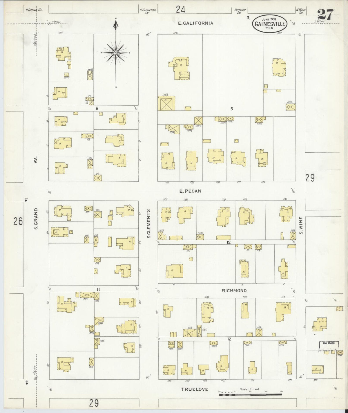 Sanborn Fire Insurance Map from Gainesville, Cooke County, Texas (1908), Sheet #0027 - Historic Sanborn Fire Insurance Map Print, vintage old map wall art, antique decor, genealogy gift, Texas Texas map