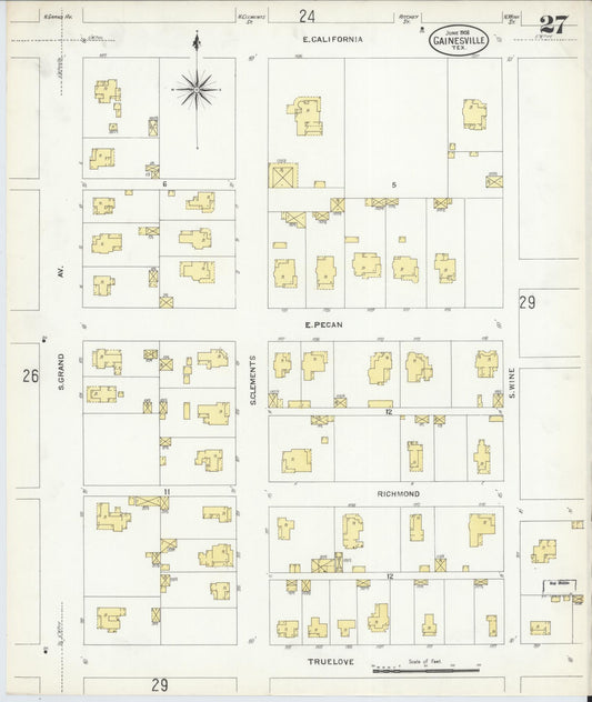 Sanborn Fire Insurance Map from Gainesville, Cooke County, Texas (1908), Sheet #0027 - Historic Sanborn Fire Insurance Map Print, vintage old map wall art, antique decor, genealogy gift, Texas Texas map