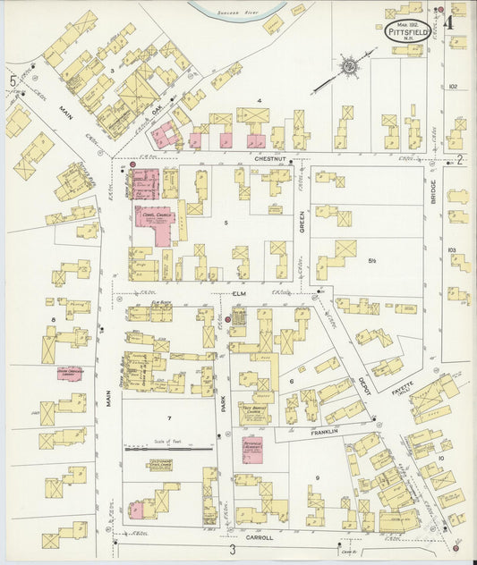 Sanborn Fire Insurance Map from Pittsfield, Merrimack County, New Hampshire (1912), Sheet #0004 - Historic Sanborn Fire Insurance Map Print, vintage old map wall art, antique decor, genealogy gift, New Hampshire New Hampshire map