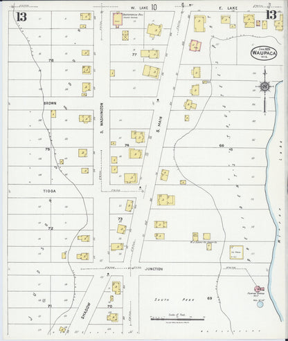 Sanborn Fire Insurance Map from Waupaca, Waupaca County, Wisconsin (1924), Sheet #0013 - Historic Sanborn Fire Insurance Map Print, vintage old map wall art, antique decor, genealogy gift, Wisconsin Wisconsin map