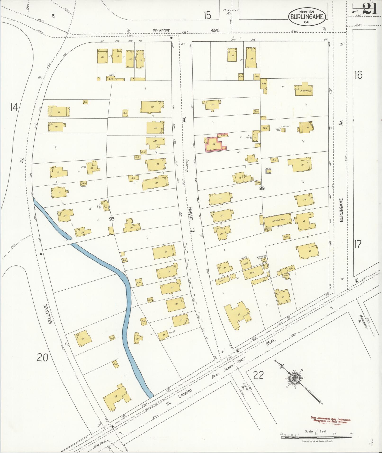 Sanborn Fire Insurance Map from Burlingame, San Mateo County, California (1921), Sheet #0021 - Historic Sanborn Fire Insurance Map Print, vintage old map wall art, antique decor, genealogy gift, California California map
