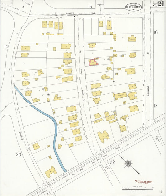 Sanborn Fire Insurance Map from Burlingame, San Mateo County, California (1921), Sheet #0021 - Historic Sanborn Fire Insurance Map Print, vintage old map wall art, antique decor, genealogy gift, California California map
