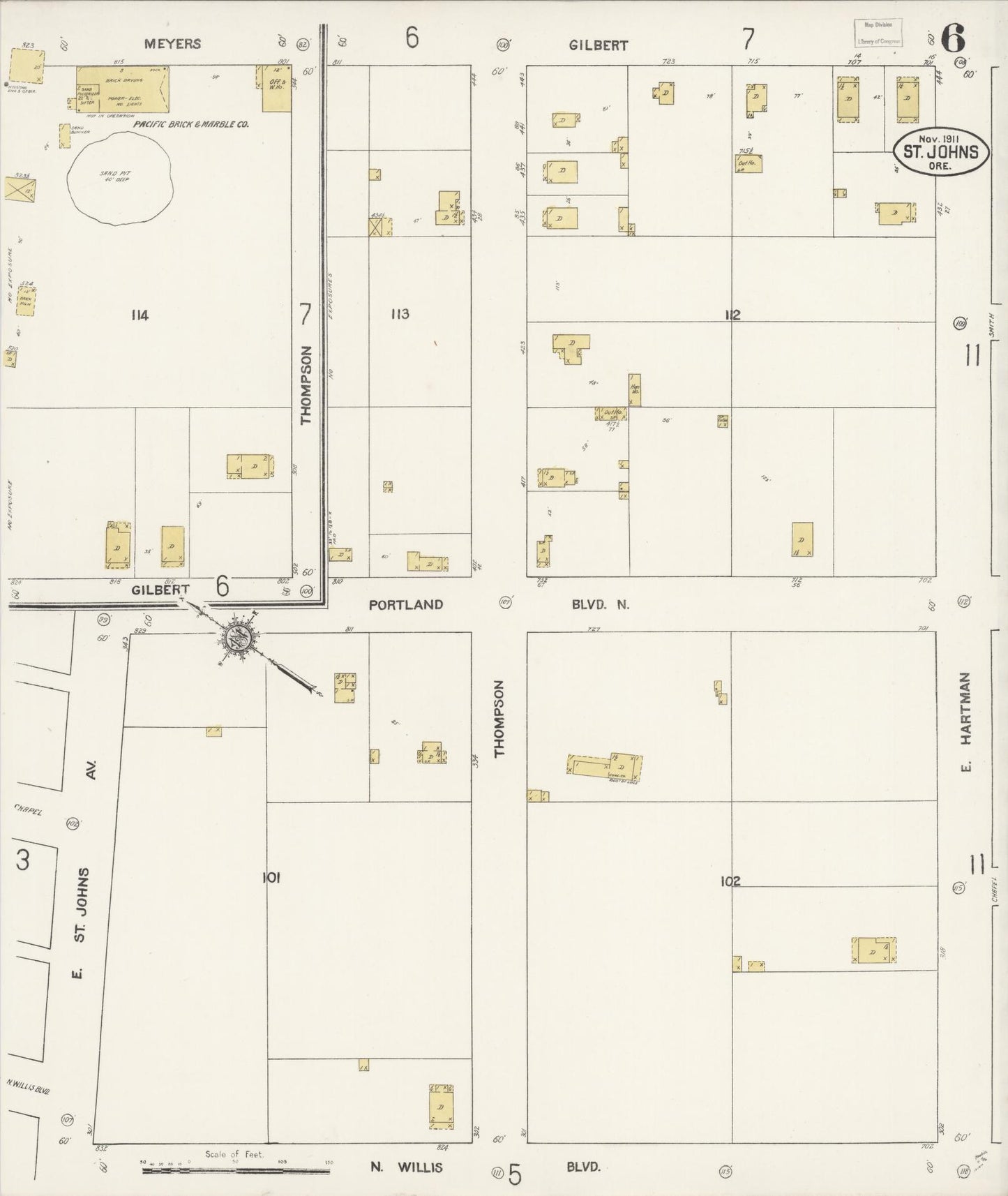Sanborn Fire Insurance Map from Saint Johns, Multnomah County, Oregon (1911), Sheet #0006 - Complete Map Set gallery image, historic Sanborn map, vintage wall art, Oregon Oregon