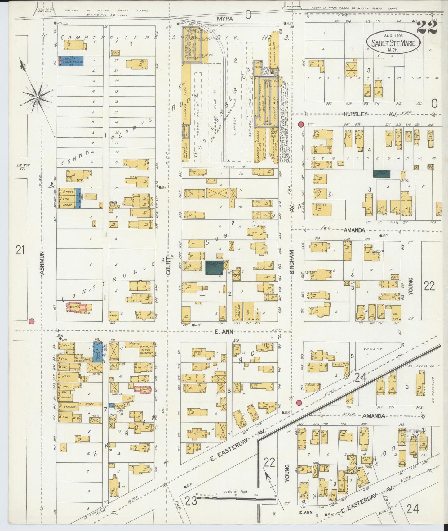 Sanborn Fire Insurance Map from Sault Sainte Marie, Chippewa County, Michigan (1906), Sheet #0022 - Historic Sanborn Fire Insurance Map Print, vintage old map wall art, antique decor, genealogy gift, Michigan Michigan map