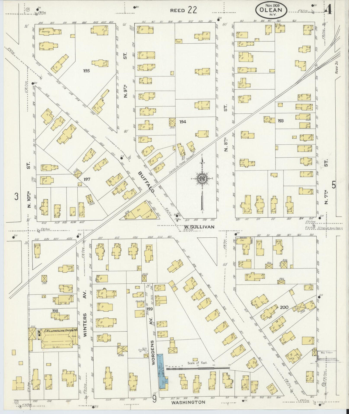 Sanborn Fire Insurance Map from Olean, Cattaraugus County, New York (1909), Sheet #0004 - Complete Map Set gallery image, historic Sanborn map, vintage wall art, New York New York