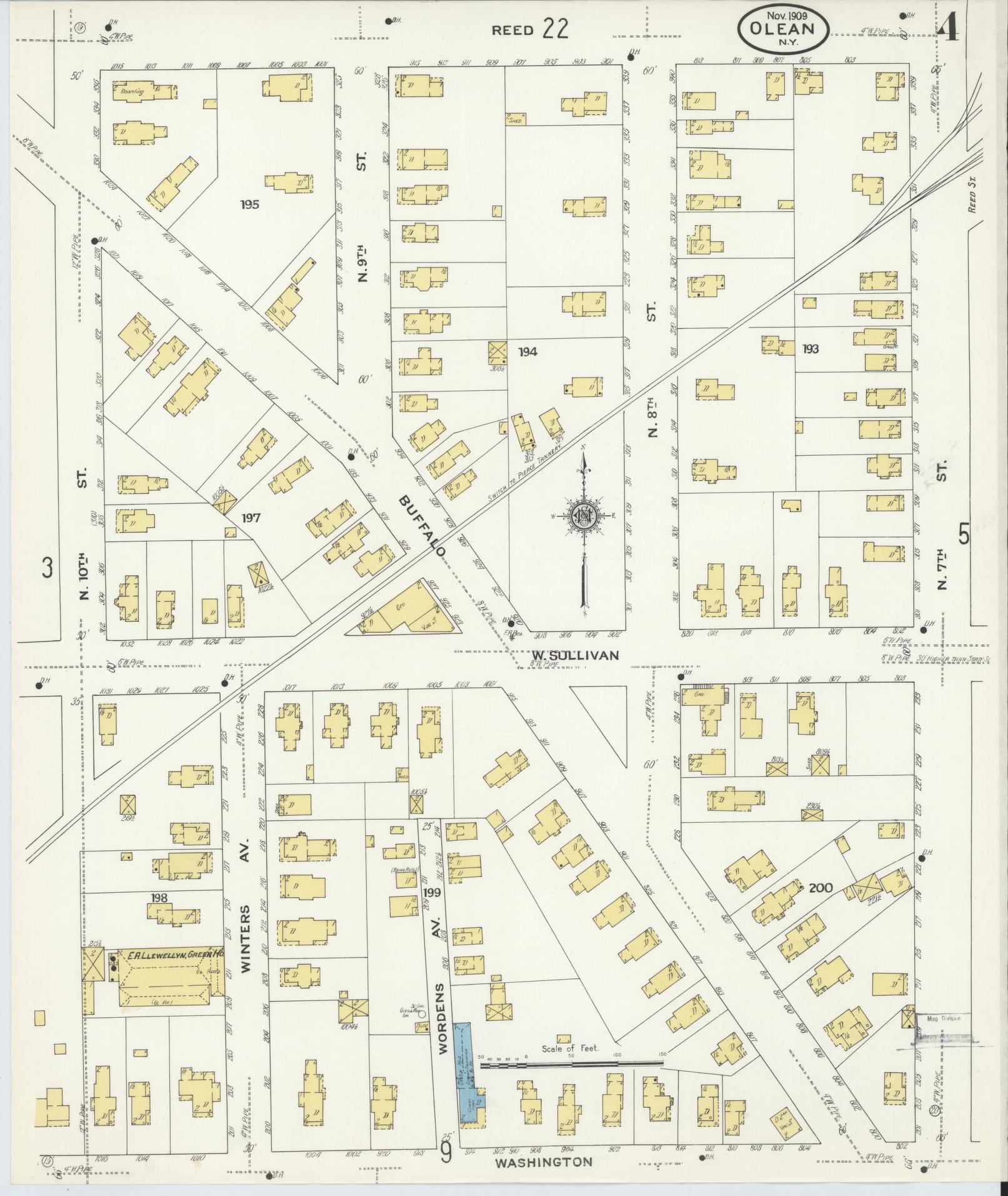 Sanborn Fire Insurance Map from Olean, Cattaraugus County, New York (1909), Sheet #0004 - Complete Map Set gallery image, historic Sanborn map, vintage wall art, New York New York