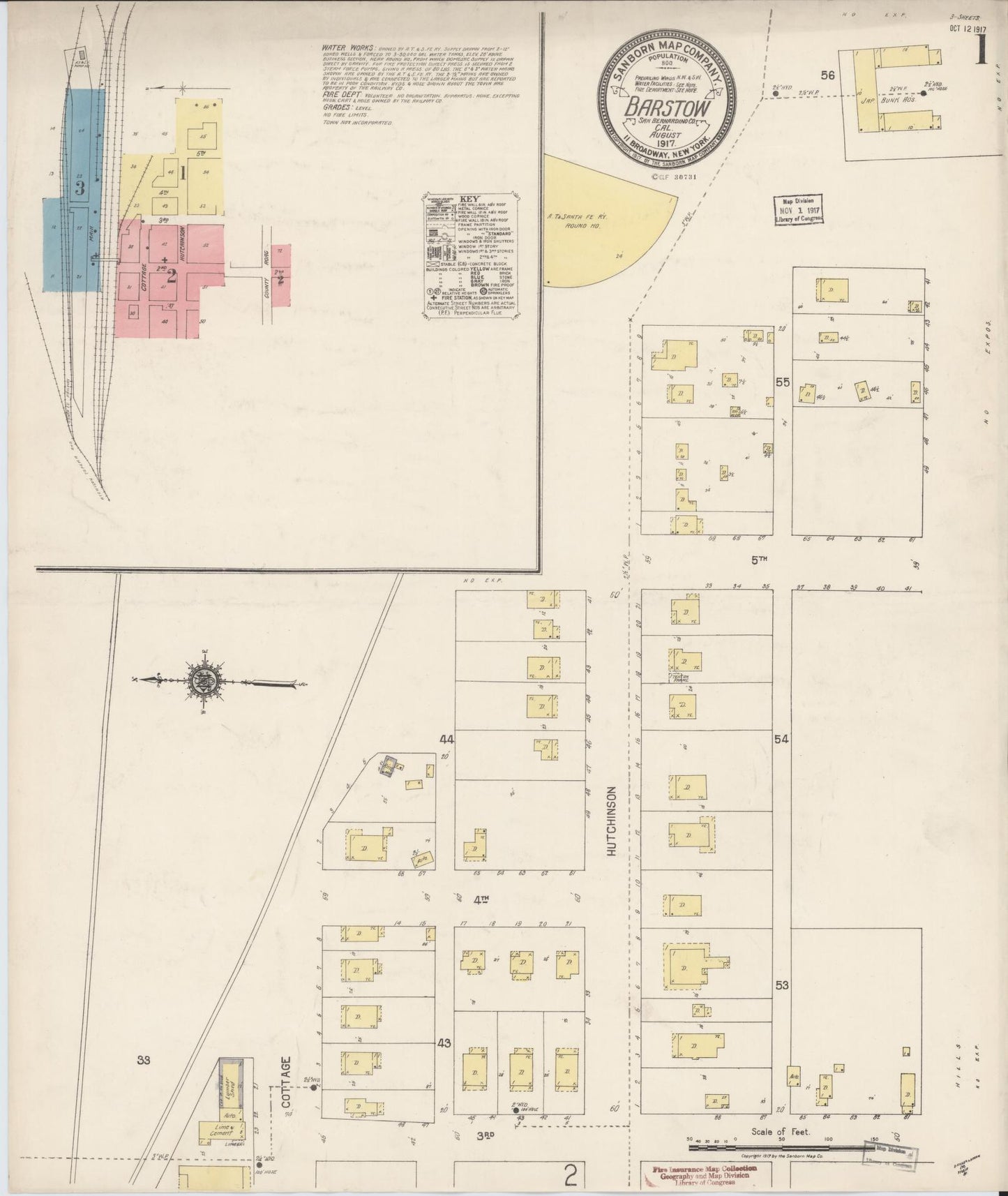 Sanborn Fire Insurance Map from Barstow, San Bernardino County, California (1917), Sheet #0001 - Historic Sanborn Fire Insurance Map Print, vintage old map wall art, antique decor, genealogy gift, California California map