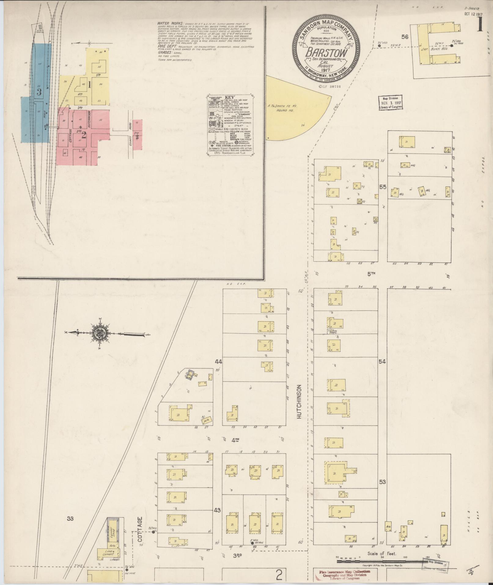 Sanborn Fire Insurance Map from Barstow, San Bernardino County, California (1917), Sheet #0001 - Historic Sanborn Fire Insurance Map Print, vintage old map wall art, antique decor, genealogy gift, California California map