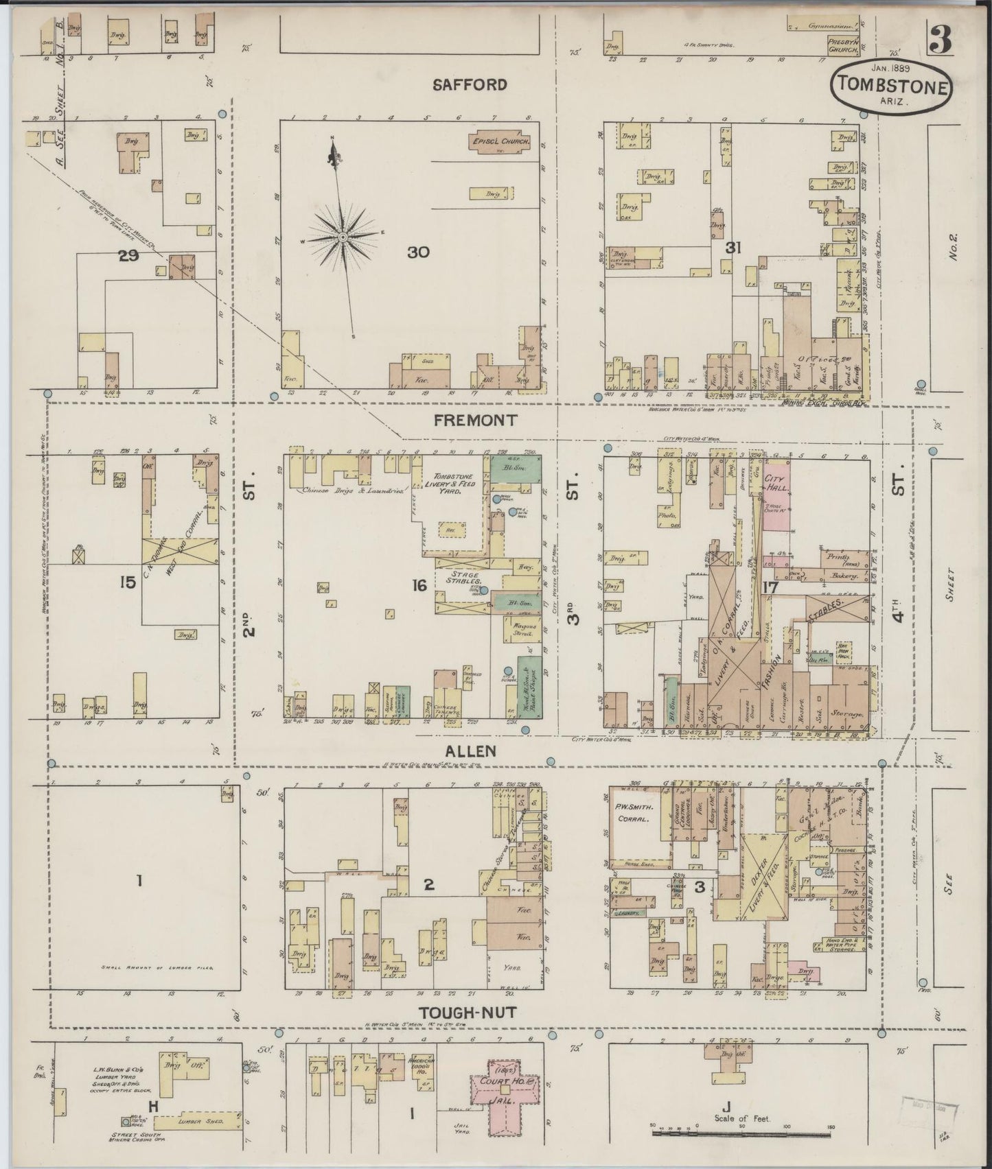 Sanborn Fire Insurance Map from Tombstone, Cochise County, Arizona (1889), Sheet #0003 - Complete Map Set gallery image, historic Sanborn map, vintage wall art, Arizona Arizona