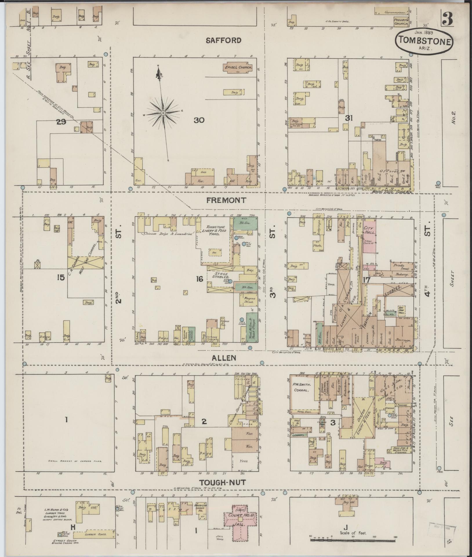 Sanborn Fire Insurance Map from Tombstone, Cochise County, Arizona (1889), Sheet #0003 - Complete Map Set gallery image, historic Sanborn map, vintage wall art, Arizona Arizona