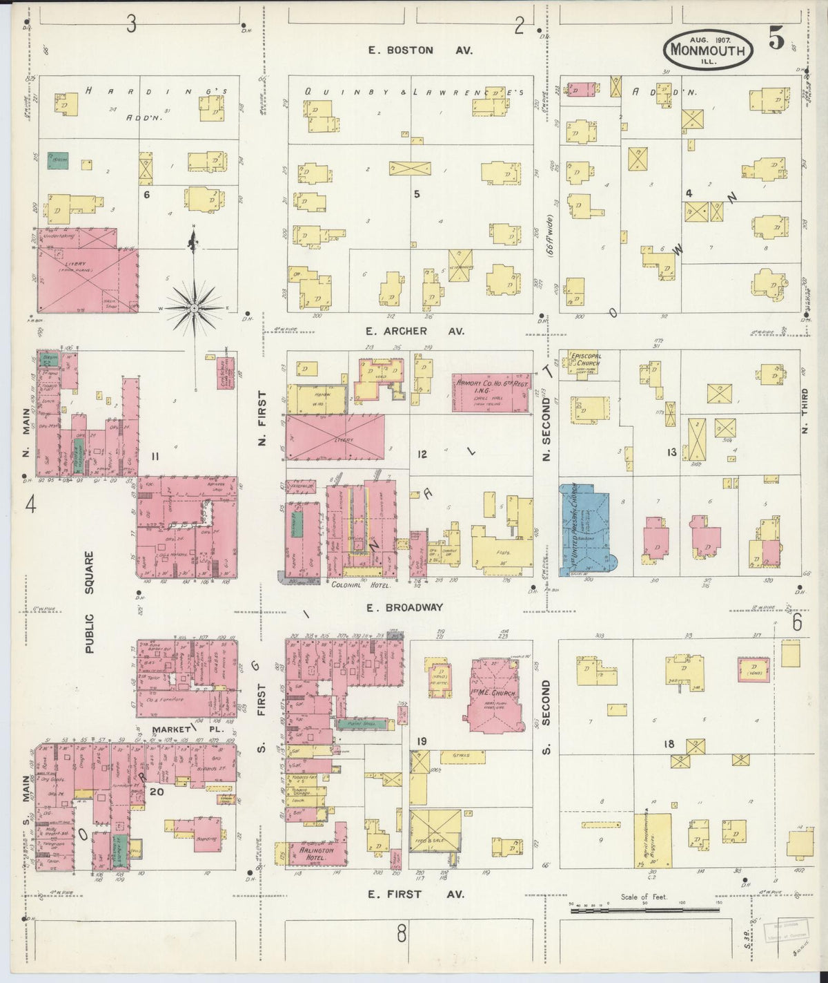 Sanborn Fire Insurance Map from Monmouth, Warren County, Illinois (1907), Sheet #0005 - Complete Map Set gallery image, historic Sanborn map, vintage wall art, Illinois Illinois