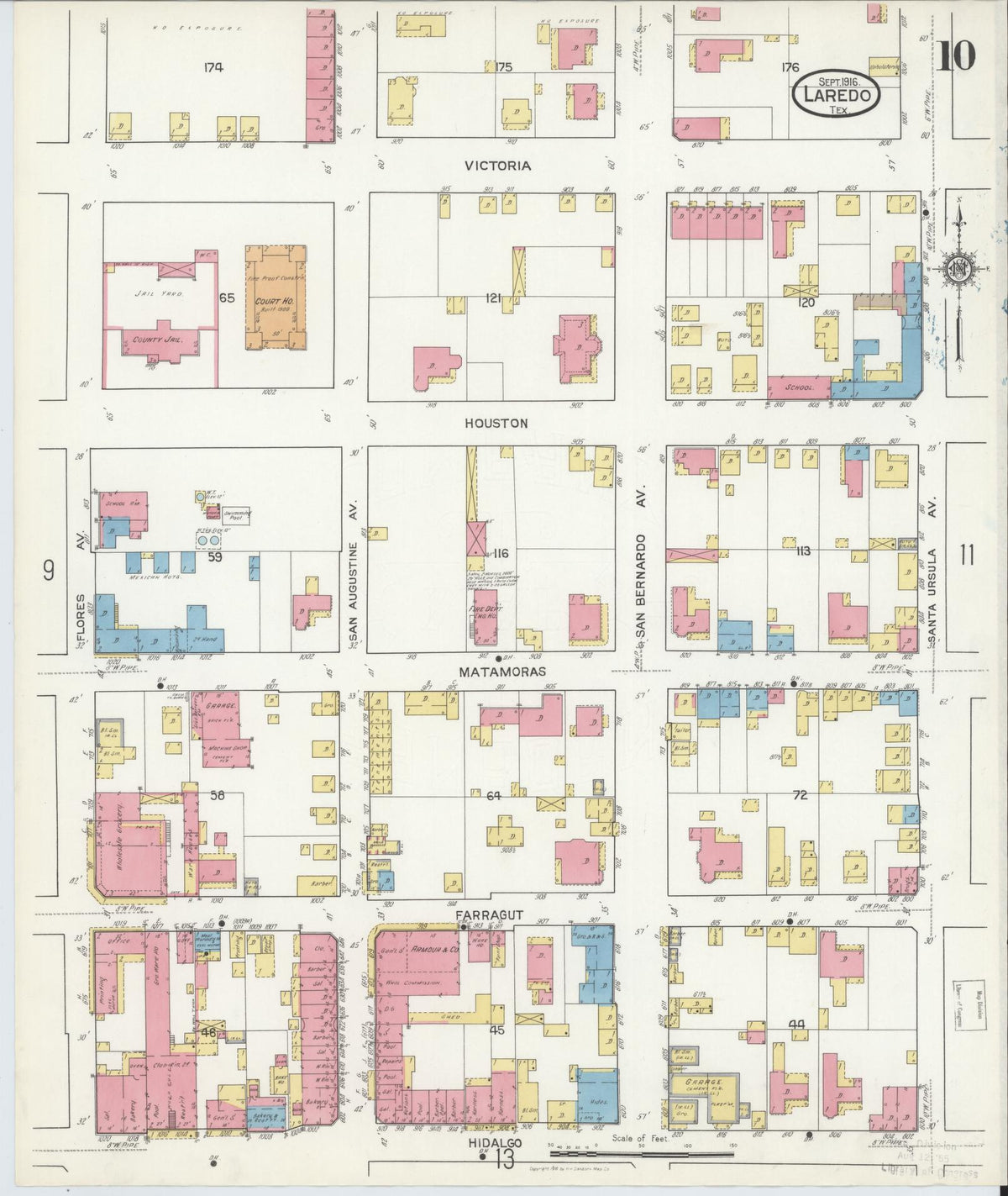 Sanborn Fire Insurance Map from Laredo, Webb County, Texas (1916), Sheet #0010 - Historic Sanborn Fire Insurance Map Print, vintage old map wall art, antique decor, genealogy gift, Texas Texas map