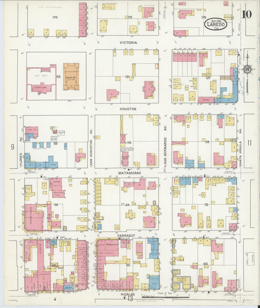 Sanborn Fire Insurance Map from Laredo, Webb County, Texas (1916), Sheet #0010 - Historic Sanborn Fire Insurance Map Print, vintage old map wall art, antique decor, genealogy gift, Texas Texas map