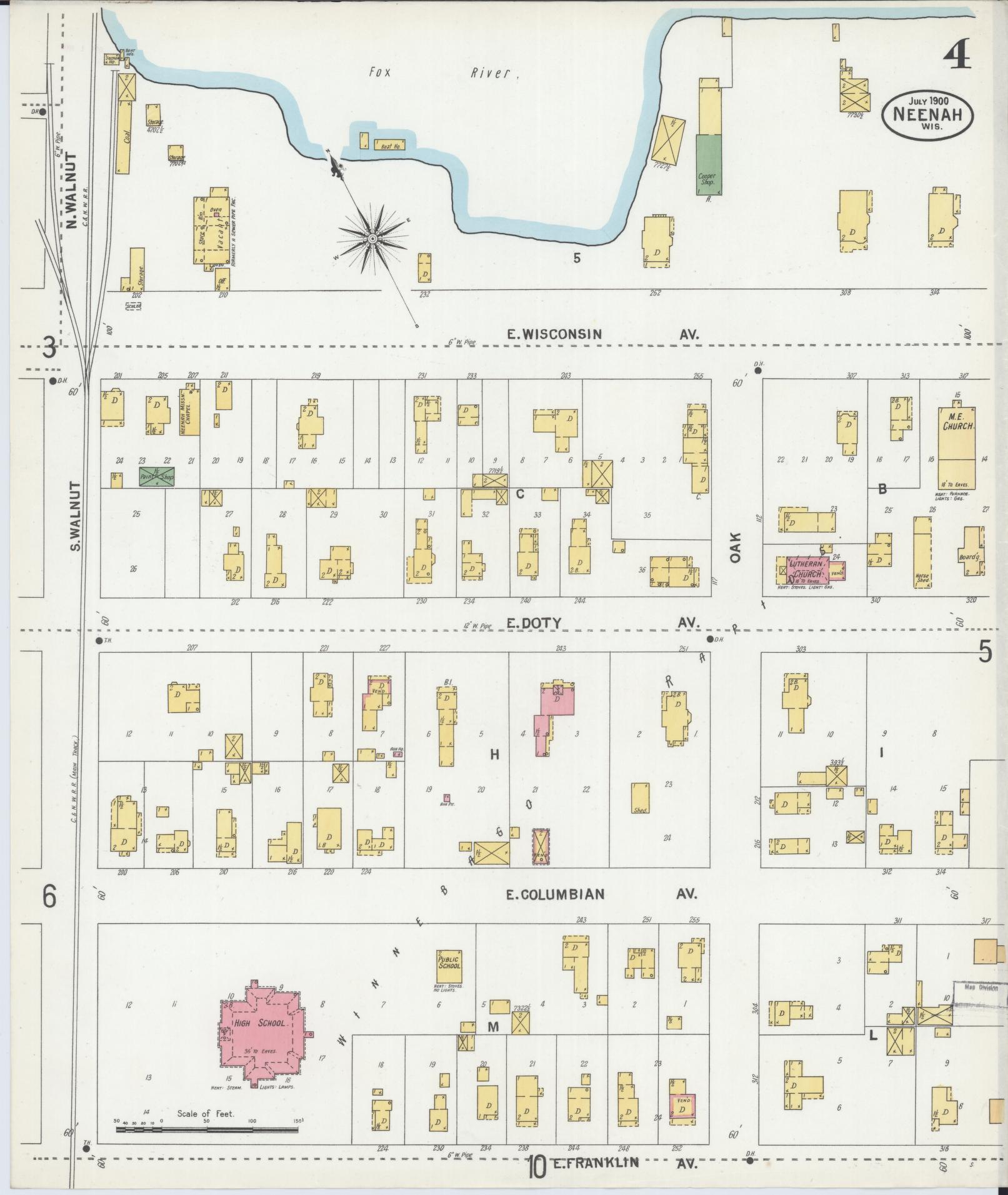 Sanborn Fire Insurance Map from Neenah, Winnebago County, Wisconsin (1900), Sheet #0004 - Complete Map Set gallery image, historic Sanborn map, vintage wall art, Wisconsin Wisconsin