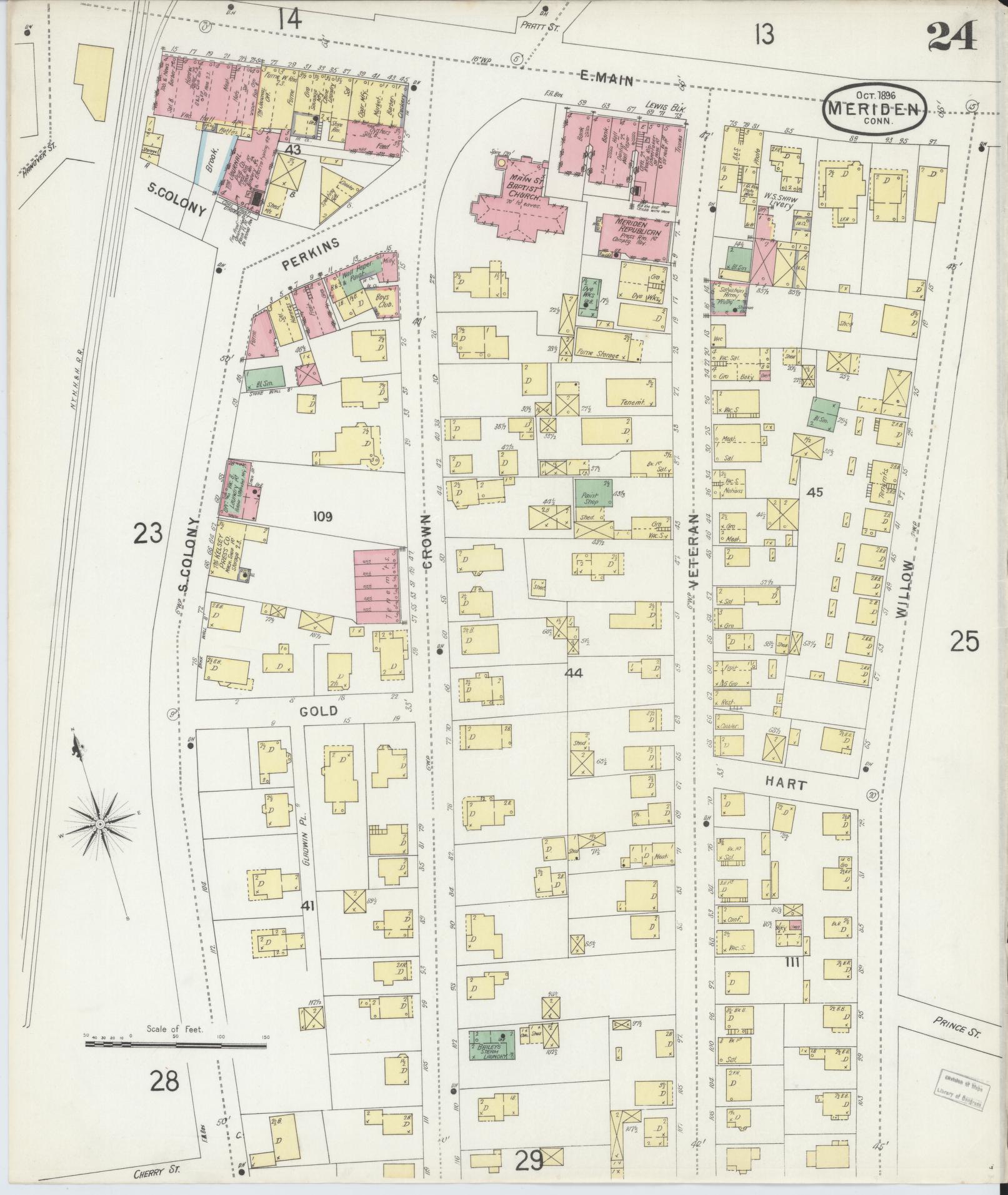 Sanborn Fire Insurance Map from Meriden, New Haven County, Connecticut (1896), Sheet #0024 - Complete Map Set gallery image, historic Sanborn map, vintage wall art, Connecticut Connecticut