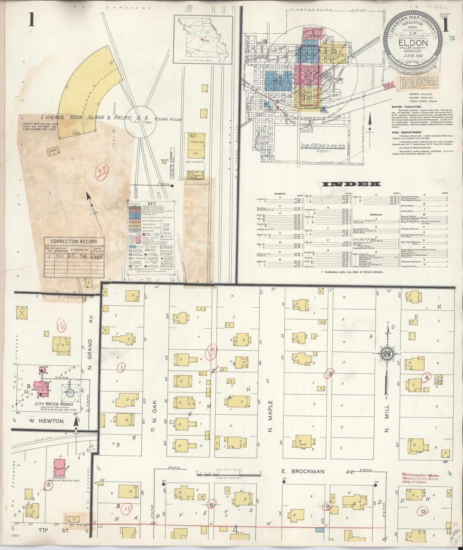 Sanborn Fire Insurance Map from Eldon, Miller County, Missouri (1941), Sheet #0001 - Complete Map Set gallery image, historic Sanborn map, vintage wall art, Missouri Missouri