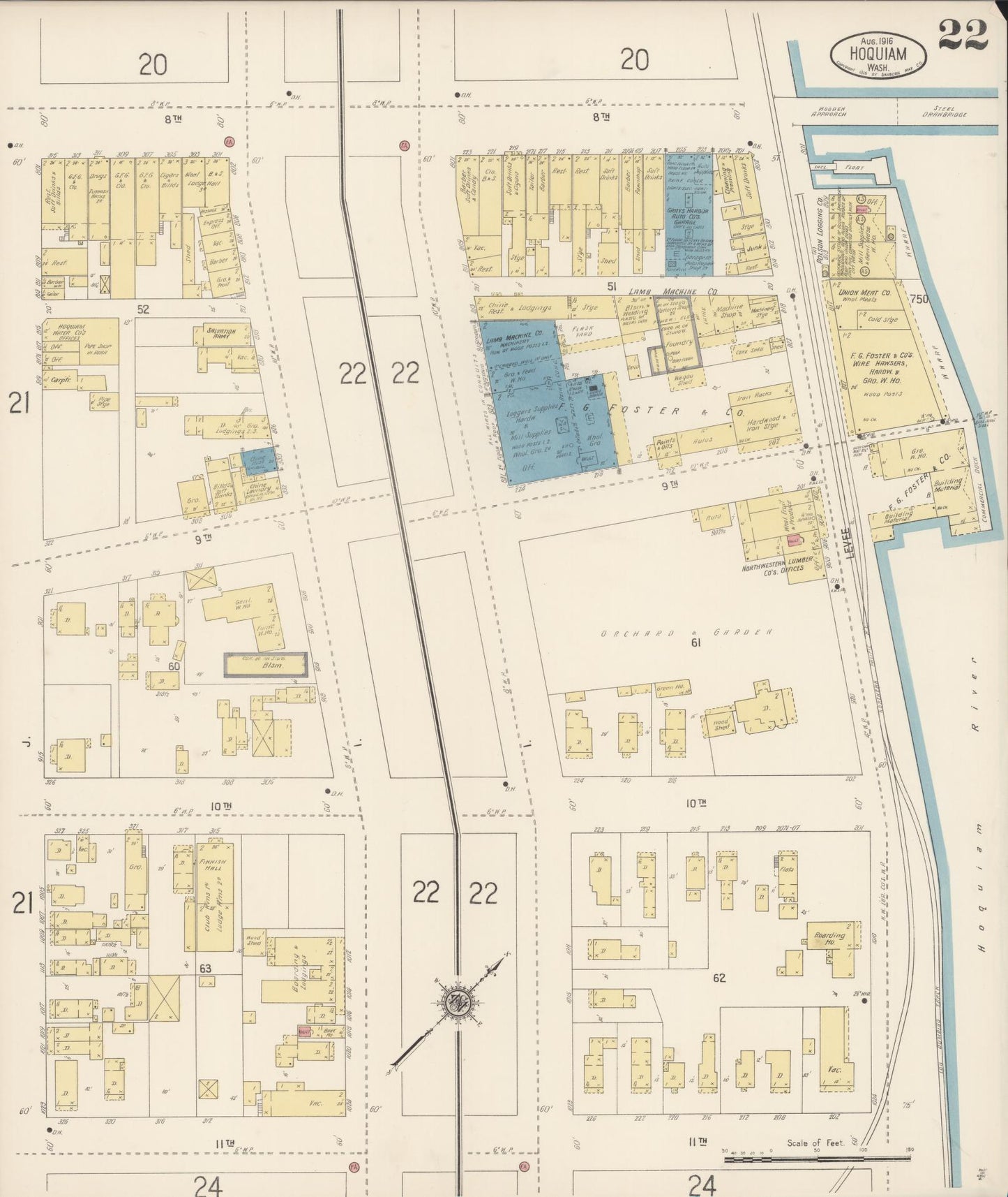 Sanborn Fire Insurance Map from Hoquiam, Grays Harbor County, Washington (1916), Sheet #0022 - Historic Sanborn Fire Insurance Map Print, vintage old map wall art, antique decor, genealogy gift, Washington Washington map