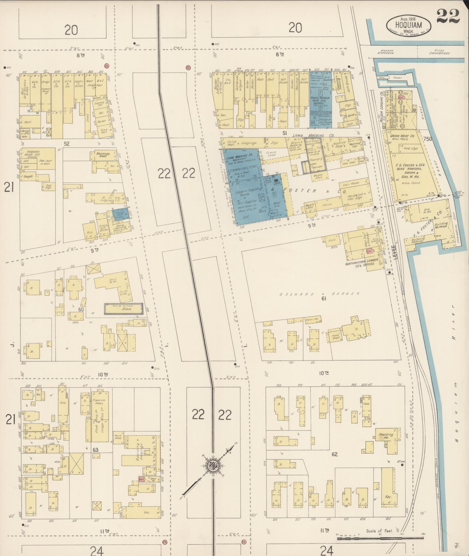 Sanborn Fire Insurance Map from Hoquiam, Grays Harbor County, Washington (1916), Sheet #0022 - Historic Sanborn Fire Insurance Map Print, vintage old map wall art, antique decor, genealogy gift, Washington Washington map