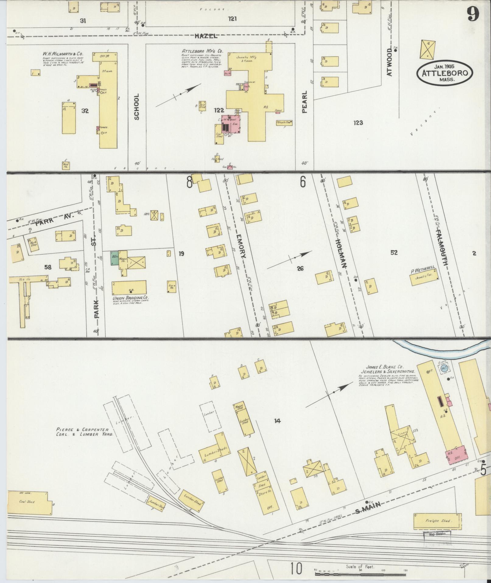 Sanborn Fire Insurance Map from Attleboro, Bristol County, Massachusetts (1905), Sheet #0009 - Complete Map Set gallery image, historic Sanborn map, vintage wall art, Massachusetts Massachusetts