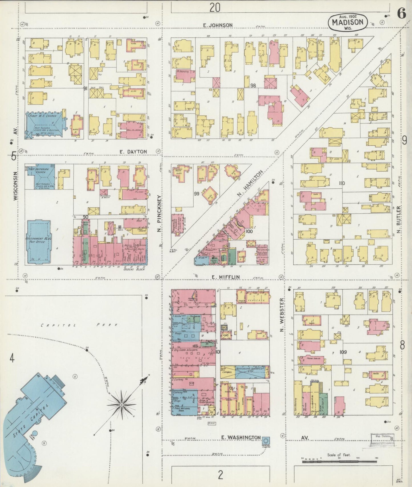 Sanborn Fire Insurance Map from Madison, Dane County, Wisconsin (1902), Sheet #0006 - Historic Sanborn Fire Insurance Map Print, vintage old map wall art, antique decor, genealogy gift, Wisconsin Wisconsin map