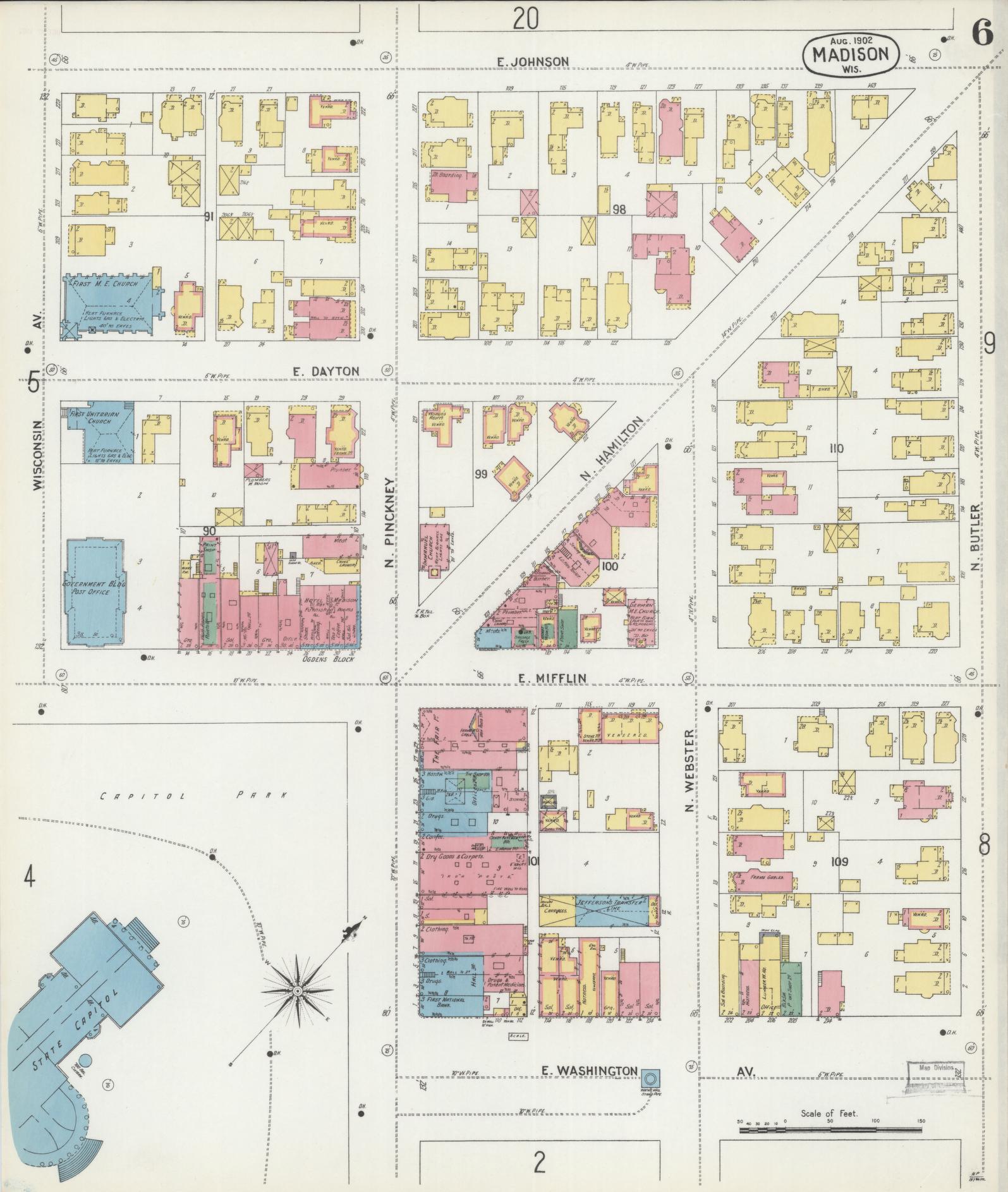 Sanborn Fire Insurance Map from Madison, Dane County, Wisconsin (1902), Sheet #0006 - Historic Sanborn Fire Insurance Map Print, vintage old map wall art, antique decor, genealogy gift, Wisconsin Wisconsin map