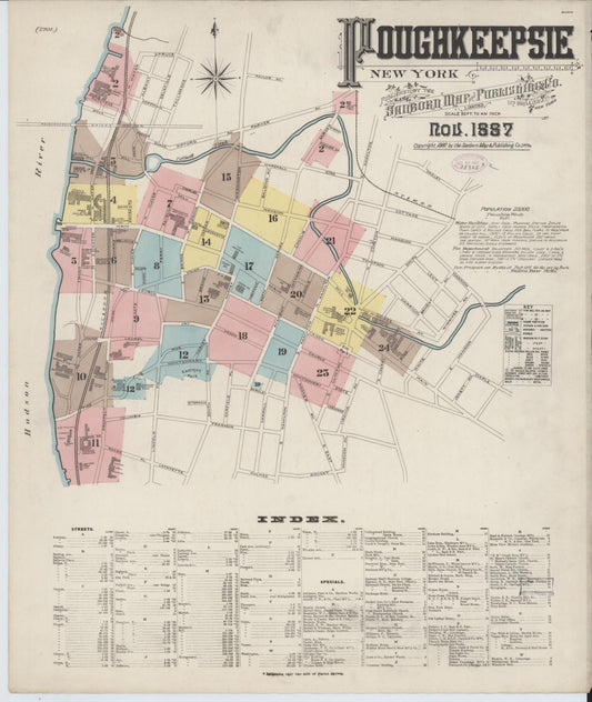 Sanborn Fire Insurance Map from Poughkeepsie, Dutchess County, New York (1887), Sheet #0001 - Historic Sanborn Fire Insurance Map Print, vintage old map wall art, antique decor, genealogy gift, New York New York map