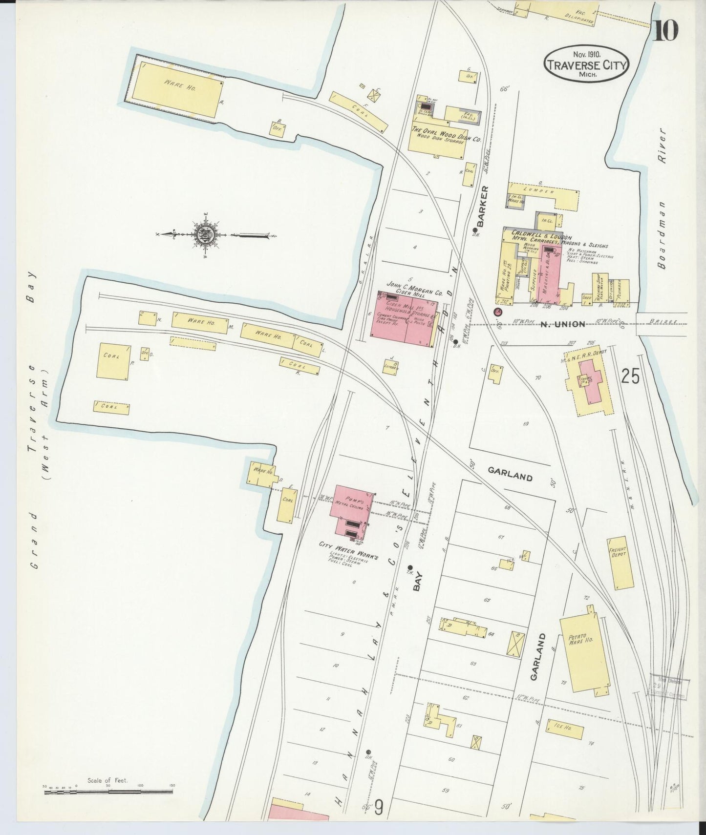 Sanborn Fire Insurance Map from Traverse City, Grand Traverse County, Michigan (1910), Sheet #0010 - Historic Sanborn Fire Insurance Map Print, vintage old map wall art, antique decor, genealogy gift, Michigan Michigan map