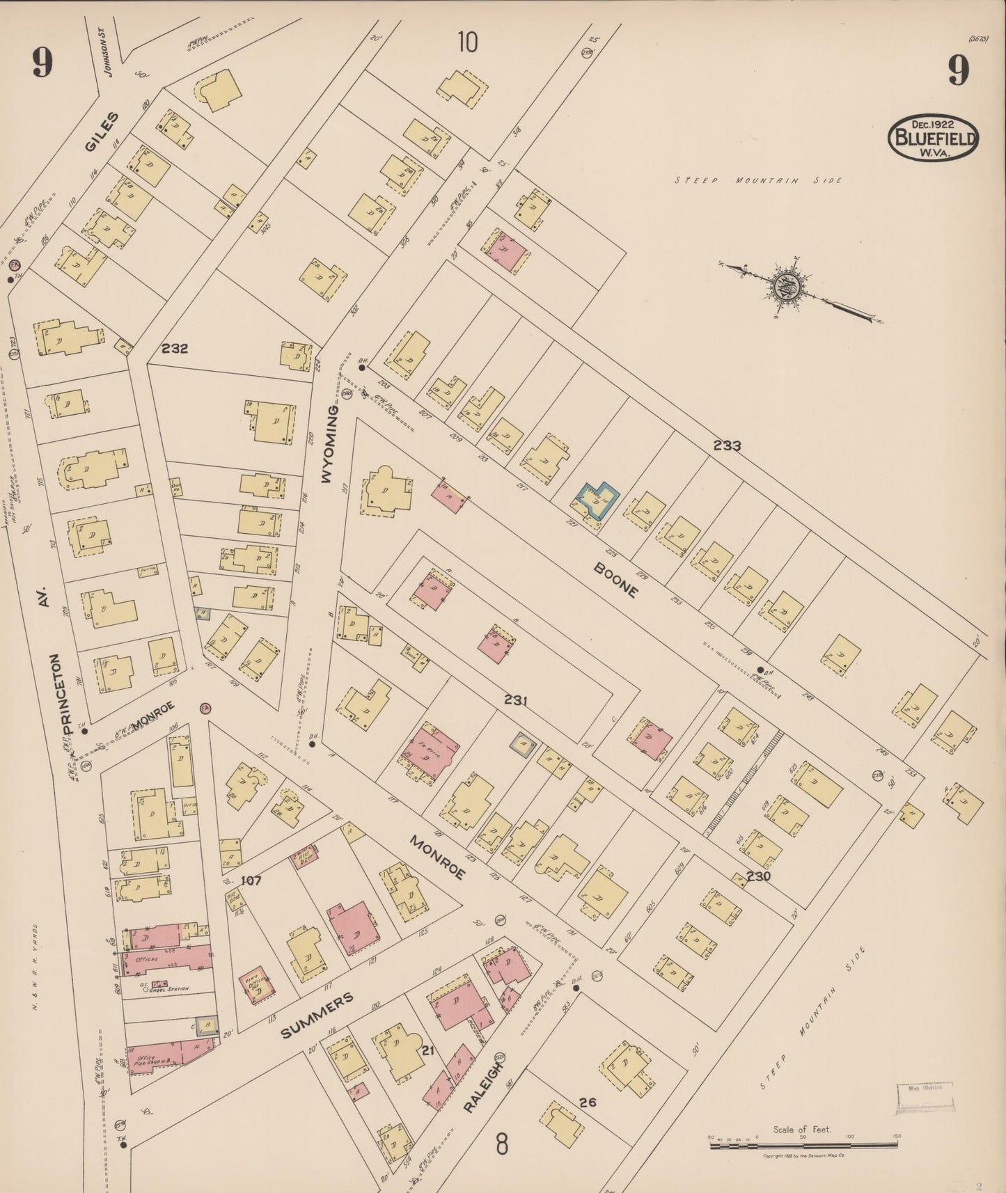 Sanborn Fire Insurance Map from Bluefield, Mercer County, West Virginia (1922), Sheet #0009 - Historic Sanborn Fire Insurance Map Print, vintage old map wall art, antique decor, genealogy gift, West Virginia West Virginia map