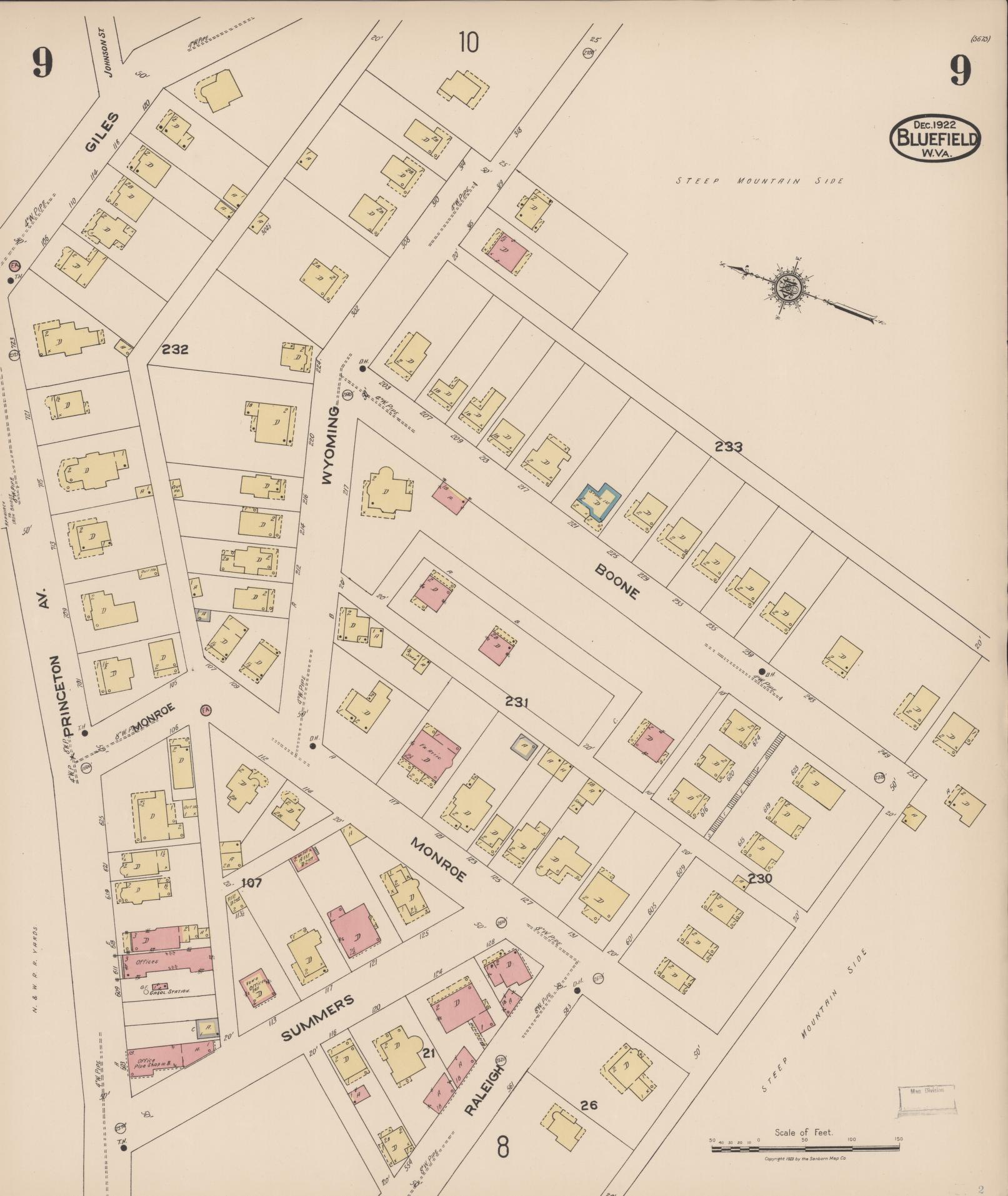 Sanborn Fire Insurance Map from Bluefield, Mercer County, West Virginia (1922), Sheet #0009 - Historic Sanborn Fire Insurance Map Print, vintage old map wall art, antique decor, genealogy gift, West Virginia West Virginia map